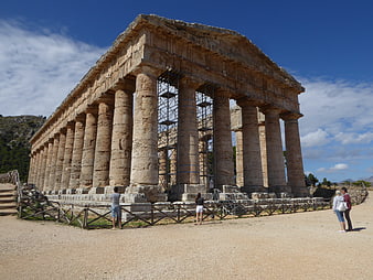Ancient Greek Temple of Segesta with Scaffolding and Tourists