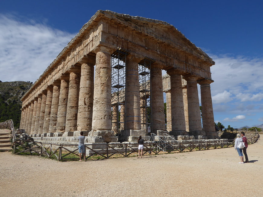 Ancient Greek Temple of Segesta with Scaffolding and Tourists