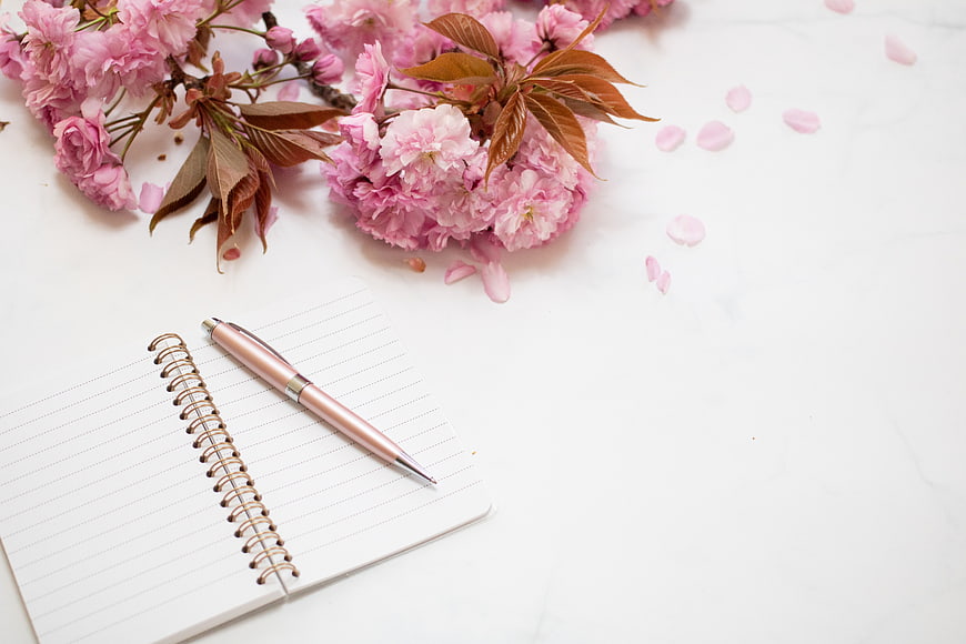 Pink cherry blossoms with notebook and pen on white background