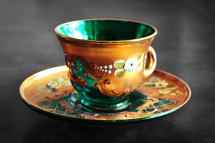 Vintage Green and Gold Tea Cup with Floral Design