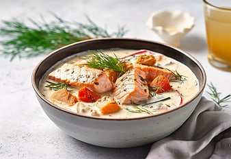 Creamy Salmon Soup with Dill and Vegetables in Bowl