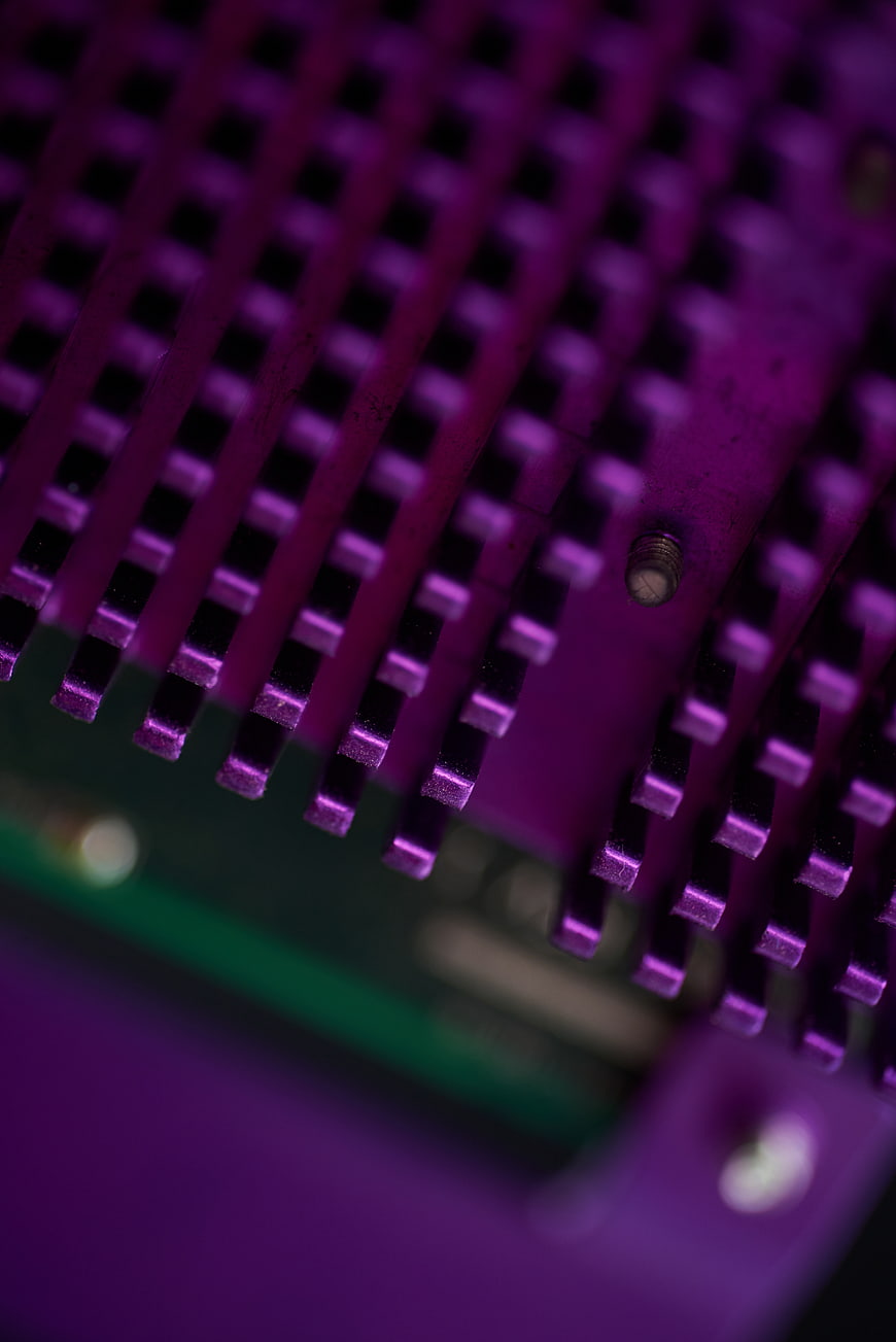 Close-up of purple computer cooling fan on motherboard