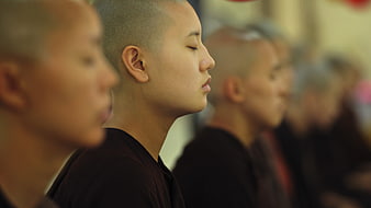 Young Buddhist Nuns Meditating in Profile