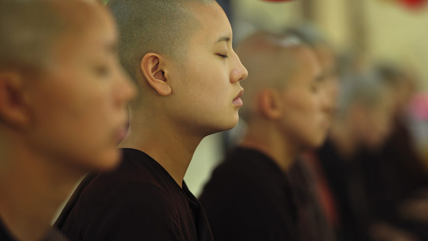 Young Buddhist Nuns Meditating in Profile