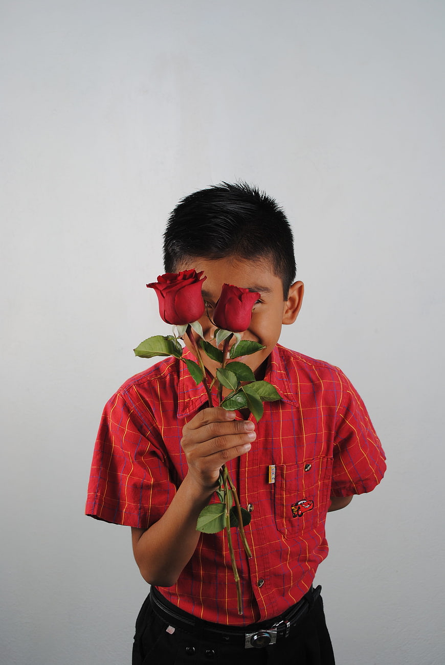 Boy holding red roses over eyes