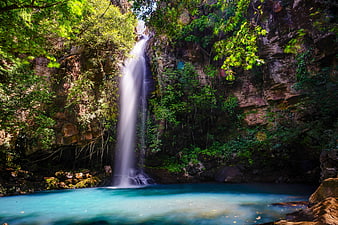 Tropical waterfall cascading into turquoise pool in lush jungle