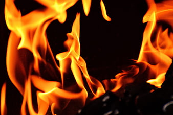 Close-up of bright orange flames burning on black background