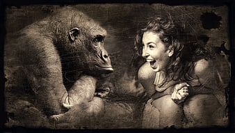Vintage sepia photomontage of laughing woman and gorilla