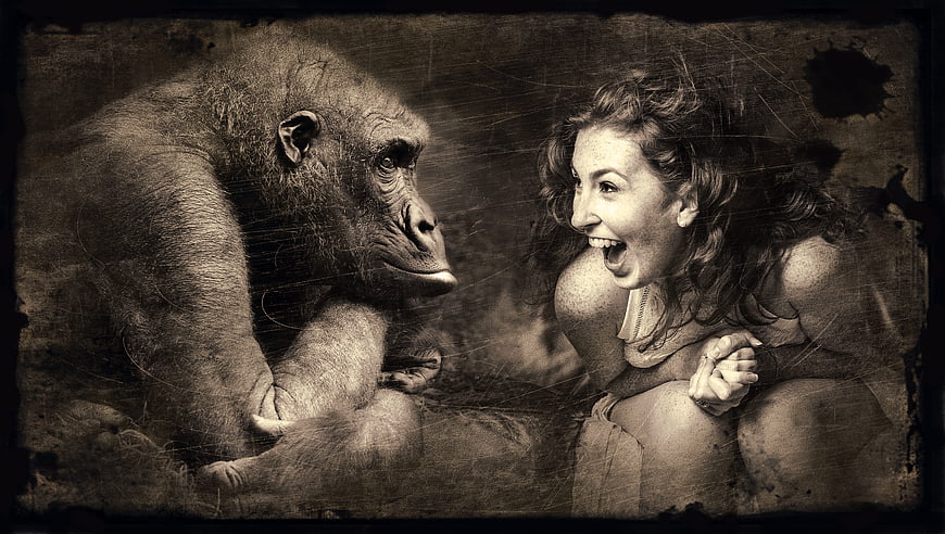 Vintage sepia photomontage of laughing woman and gorilla