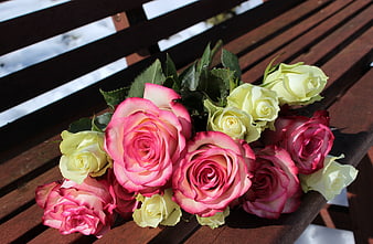 Bouquet of Pink and White Roses on Wooden Bench