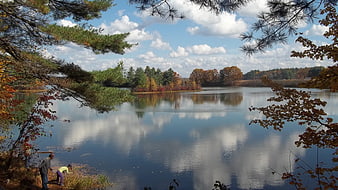 Serene Autumn Lake Reflection with Fishing Figures