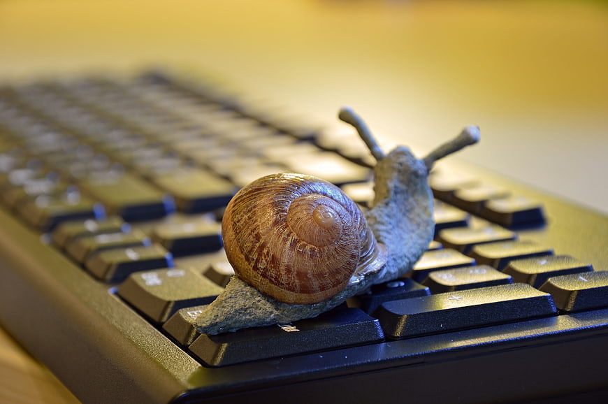 Snail figurine on computer keyboard symbolizing slow technology