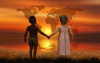 Children holding hands watching world map sunset