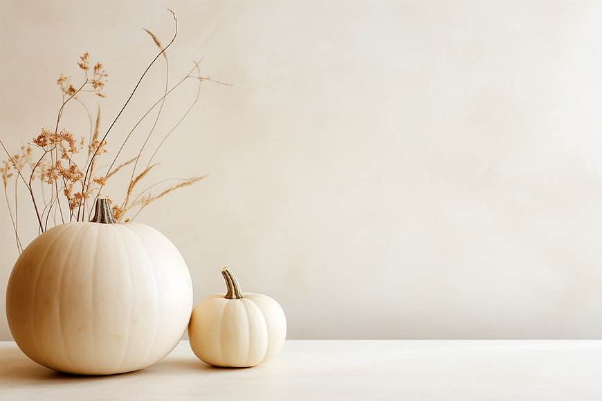 White pumpkins with dried flowers on a beige background