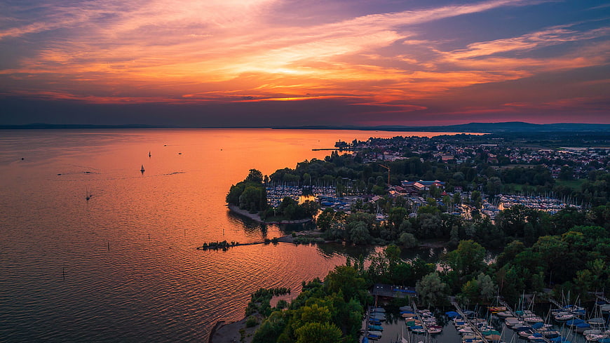 Aerial View of Lake Constance Marina at Vibrant Sunset
