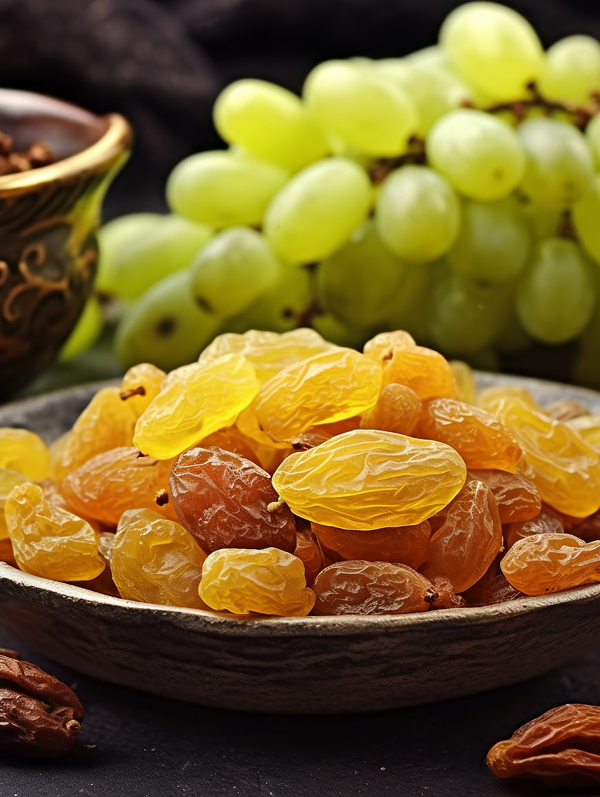 Golden Raisins in Wooden Bowl with Fresh Grapes