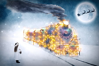 Magical Christmas Train with Girl and Santa Sleigh