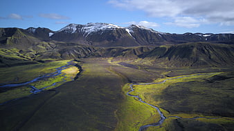 Aerial View of Snow-Capped Mountains and Winding River in Iceland