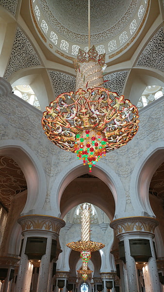 Ornate Chandelier in Grand Mosque Interior with Arches