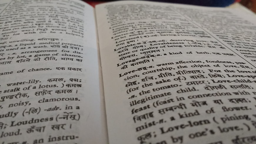 Close-up of English-Hindi Dictionary Page with Text