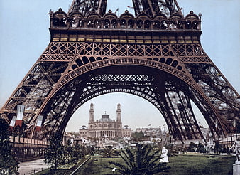 Historical View of Eiffel Tower Arch and Trocadero Palace Paris