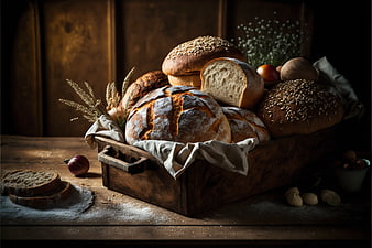 Rustic wooden tray of artisan bread loaves and wheat