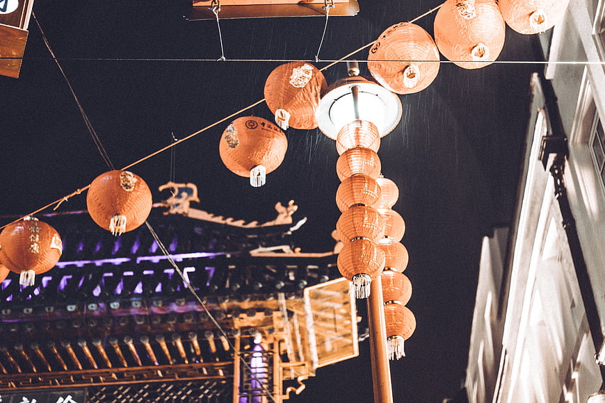 Traditional Chinese Lanterns Hanging at Night in Rain