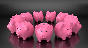 Group of pink ceramic piggy banks on dark reflective surface