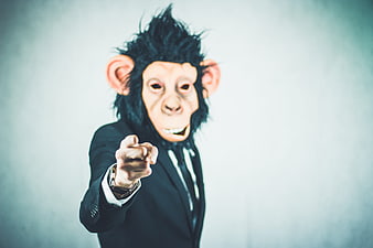Man in Monkey Mask Pointing Finger in Business Suit