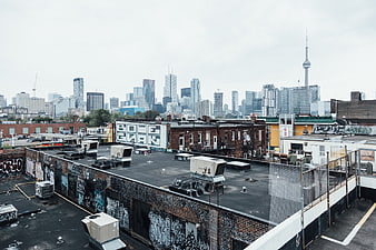 Toronto skyline view from graffiti-covered urban rooftop