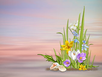 Spring Flowers and Grasses on Pastel Gradient Background