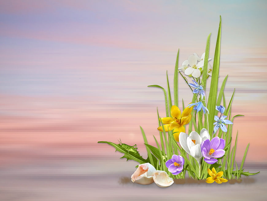 Spring Flowers and Grasses on Pastel Gradient Background