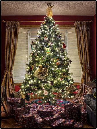 Decorated Christmas Tree with Gifts and Ornaments