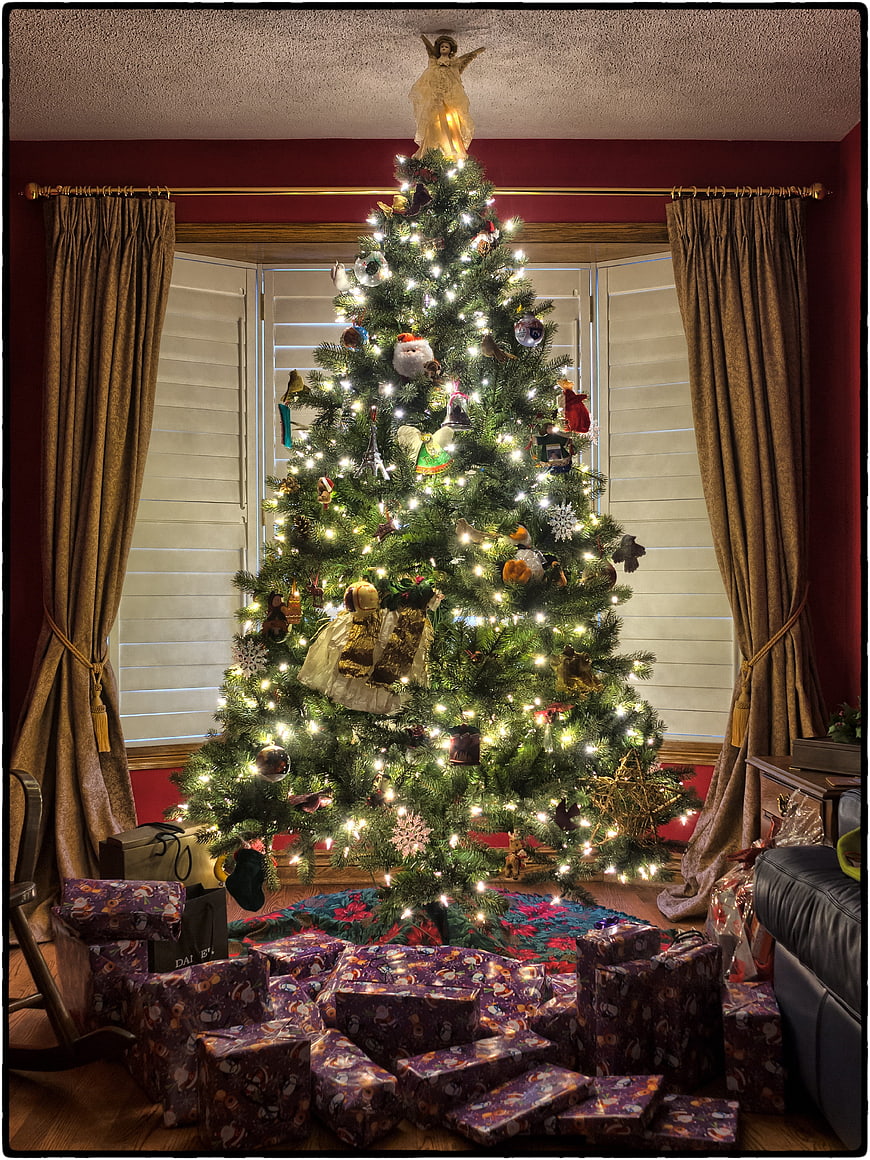 Decorated Christmas Tree with Gifts and Ornaments