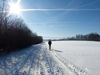 Lone figure walking on a snowy path in a winter landscape