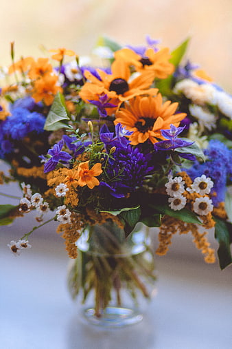 Colorful wildflower bouquet in a glass vase