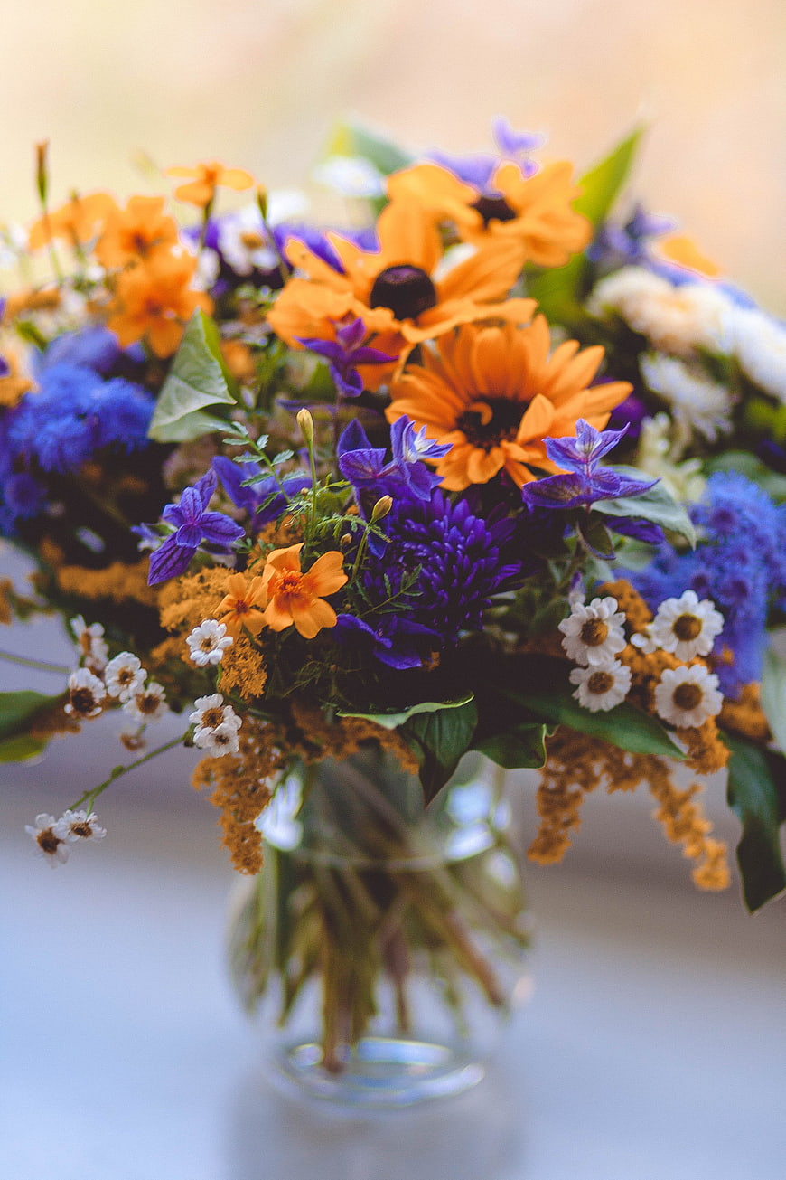 Colorful wildflower bouquet in a glass vase