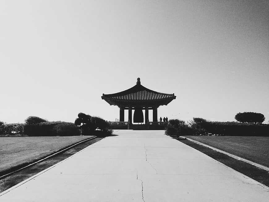 Black and White Photo of Traditional Korean Bell Pavilion