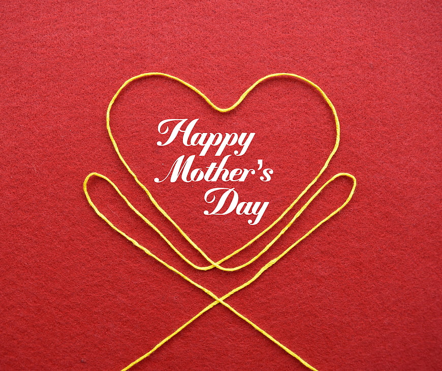 Yellow Thread Heart on Red Background with Happy Mother's Day Text