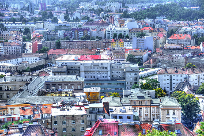 Aerial View of Brno Cityscape with Colorful Roofs