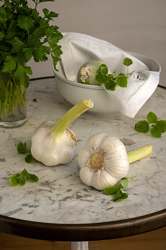 Fresh Garlic Bulbs and Herbs on Marble Table