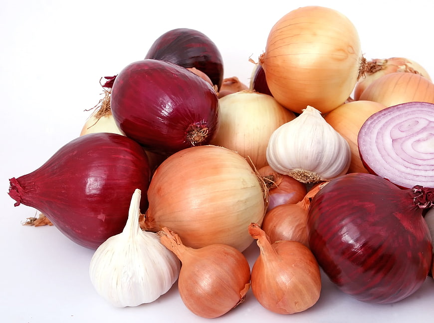 Assorted red and yellow onions with garlic on white background