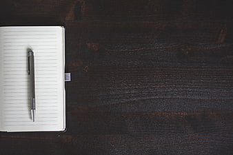 Open Notebook and Pen on Dark Wood Background