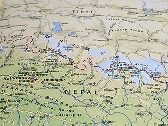 Close-up of a physical map showing Nepal, Tibet, and the Himalayan mountain range