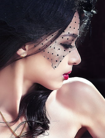 Elegant Woman in Black Polka Dot Veil Profile Portrait