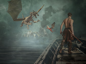 Fantasy warrior on boat facing flying dragons in misty sea