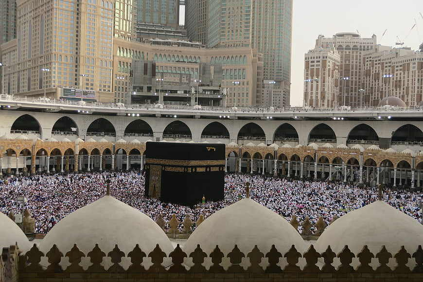 Kaaba in Mecca Surrounded by Pilgrims and Modern Skyscrapers