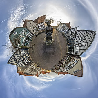 Little Planet Projection of Historic European Village Square with Statue