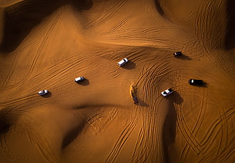 Aerial view of off-road cars driving on golden desert dunes