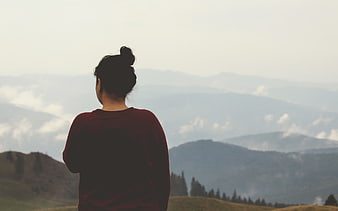 Woman in Red Sweater Looking at Mountain Landscape